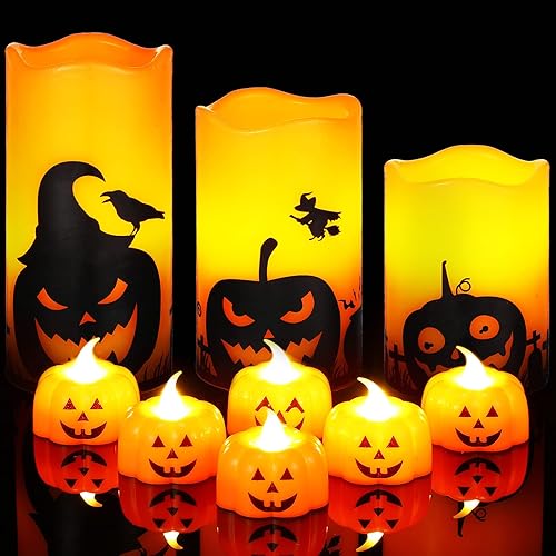 Nuanchu 3 velas LED sin llama de Halloween que funcionan con pilas, velas de cera surtidas, velas sin llama con 6 lámparas de calabaza para disponible en Yaxa Peru
