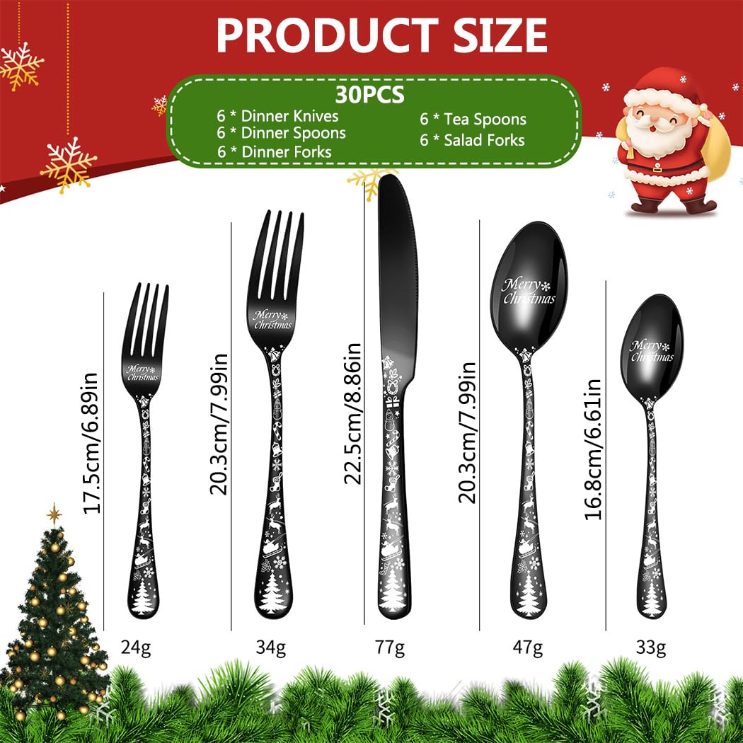 XIAOYU Weihnachtsbesteckset, 30-teilig, bestehend aus 12 x Gabeln, 12 x Löffeln, 6 x Messern, Edelstahl-Besteckset, einzigartiges dekoratives Besteckset mit Weihnachtsbaummuster, Roségold