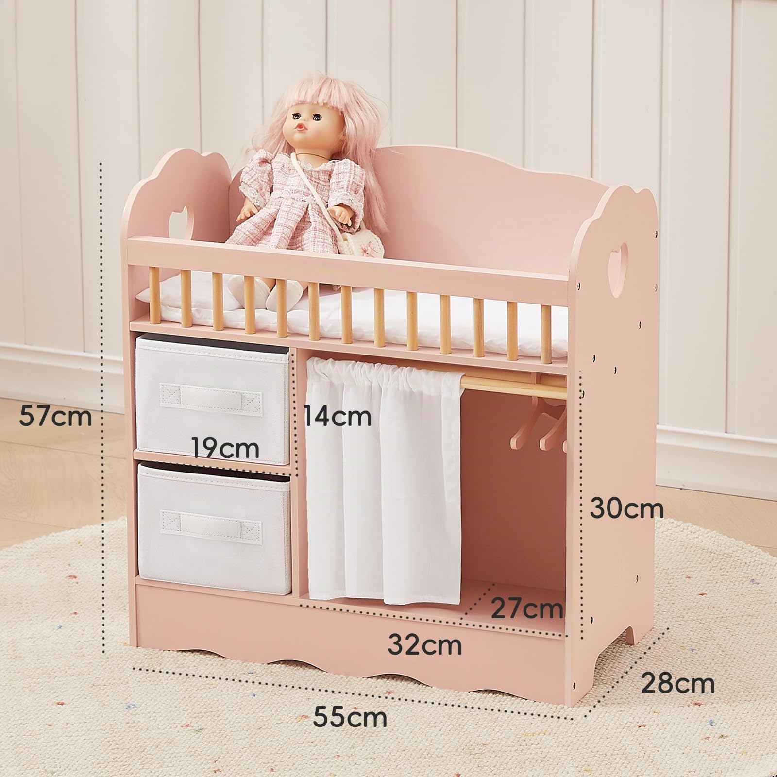 OOOK Lit de Poupée Bois, Lit Bébé Poupee avec Armoire & 2 boîtes Rangement