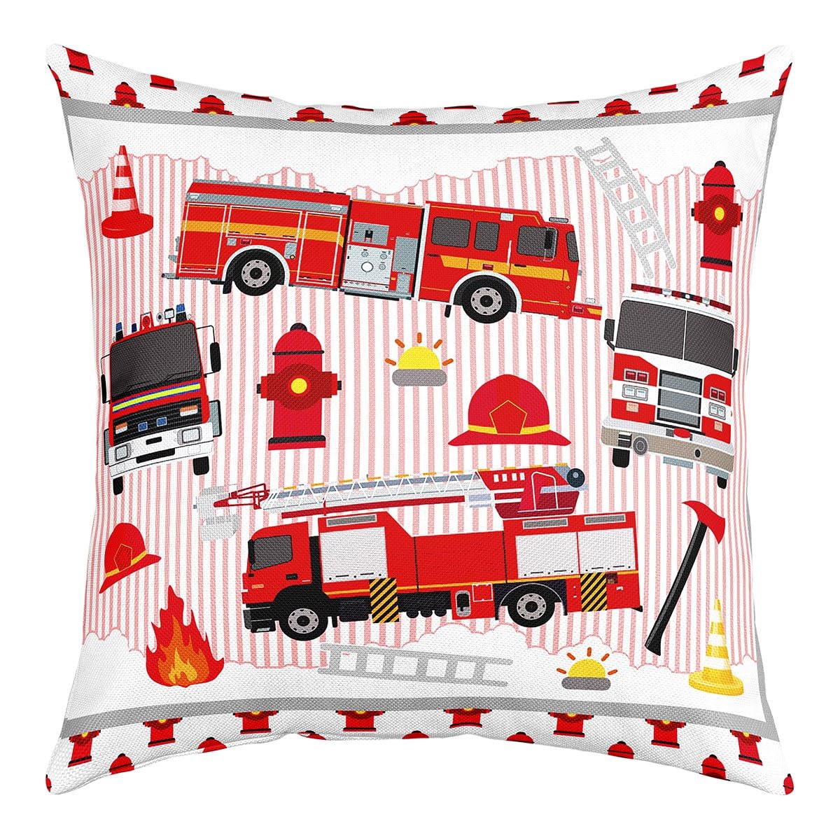 Fire Truck Pillow Cover for Couch Sofa Bed,Watercolor Red Cars Flame Fire Hydrant Pillow Cushion Cover 16"x16" for Kids,Geometric Red White Cushion Set for Bedroom