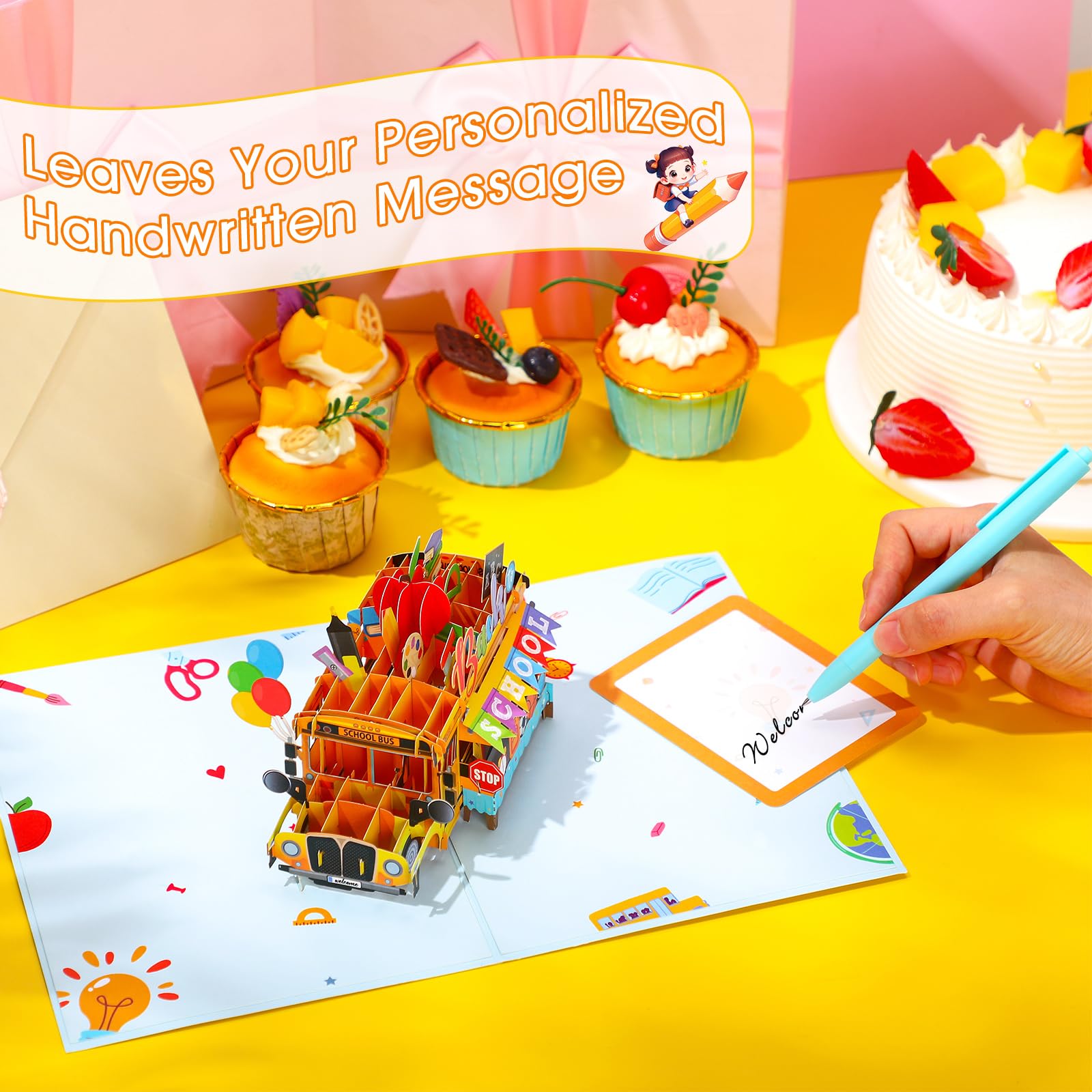Teling Tarjeta desplegable de regreso a clases con sobre para niños, tarjeta de felicitación 3D para el primer día de escuela, autobús escolar, tarjetas de regalo para estudiantes de aula, nota de