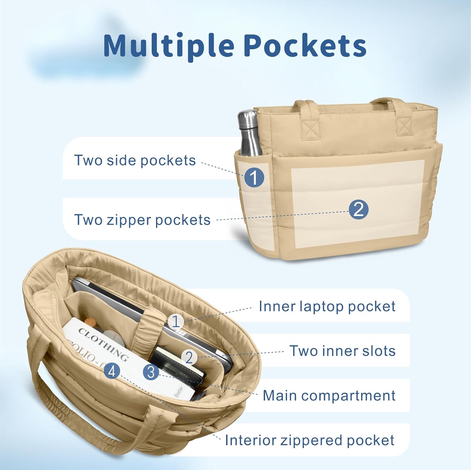 TOPDesign Puffer Tote Bag for Women, Lightweight Puffy Handbag with Compartments, Quilted Shoulder Bag for Work, Travel, Gym - Image 7