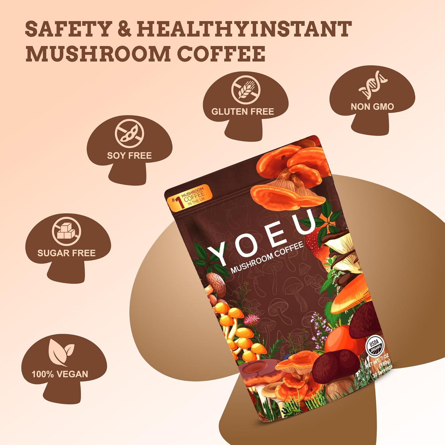 180g/5pack - Organic Instant Mushroom Coffee Powder with 6 Adaptogens - Lion's Mane, Reishi & Cordyceps Blend for Natural Energy, Mental Clarity, Gut Health & Immune Boost