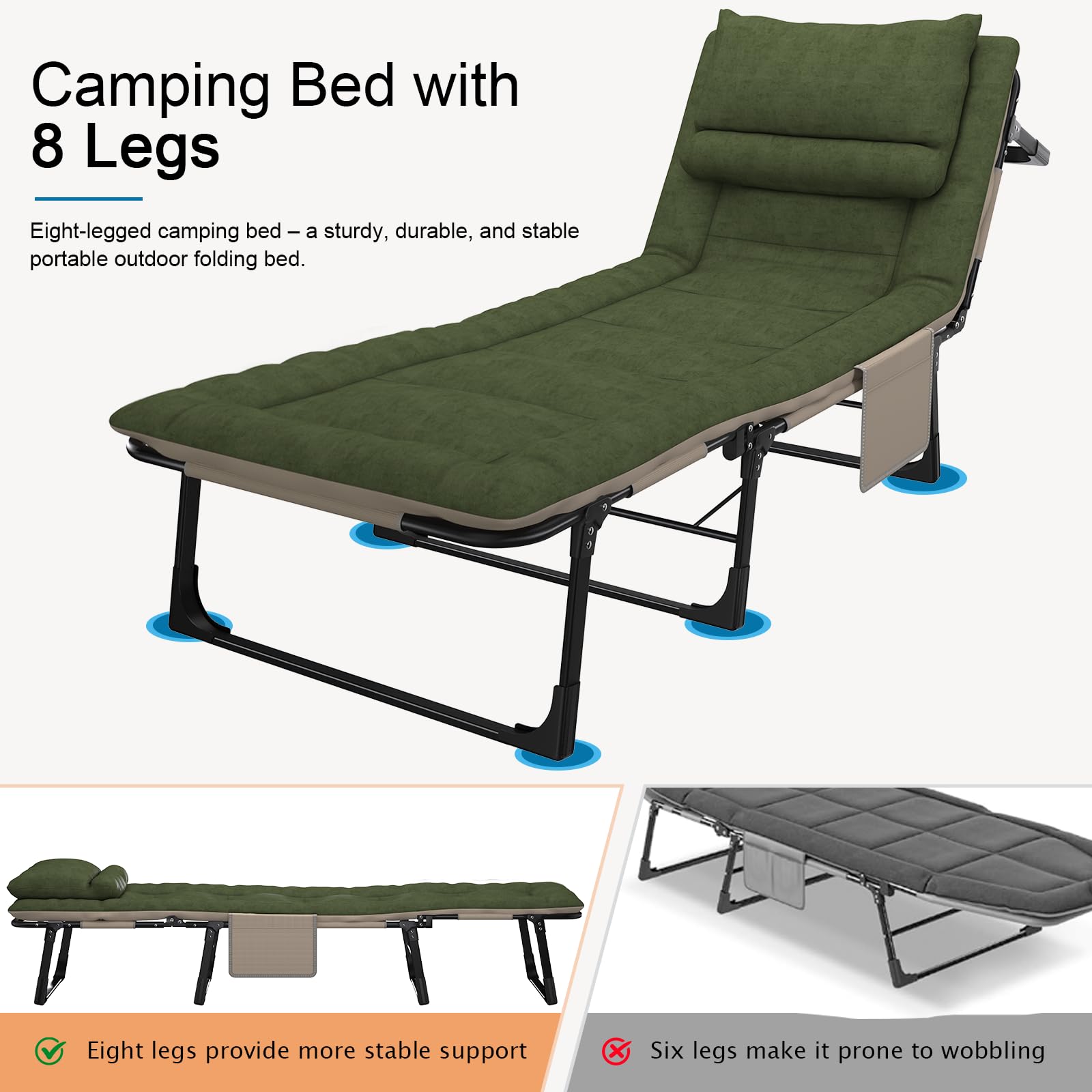 Brandina da Campeggio con Materasso, Schienale Regolabile in 6 Posizioni, Letto Campeggio con Cuscino, Tasca, capacità di 150 kg, Letto da Campeggio per Ufficio, Escursionismo
