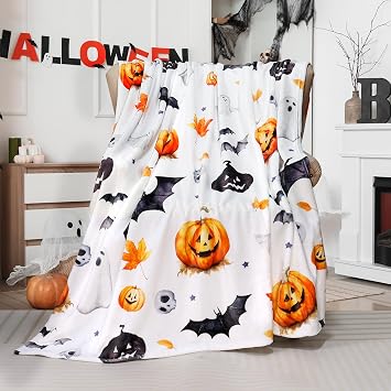 Halloween Throw Blanket Horror Bat Blanket Ghost Pumpkin Bed Blanket Blankets for Women Funny Cozy Fuzzy Plush Flannel Throw Blanket for Bed Couch 50x60