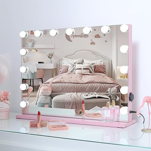 Espejo de tocador con luces, espejo cosmético para tocador, 3 modos de color, espejo grande de Hollywood con puerto de carga USB y pantalla táctil