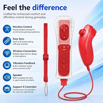 MOVHEIYL Replacement Remote Controller for Wii & Wii U, Built-in 2 in 1 Motion Plus with Silicon Case and Nunchuck (Red)
