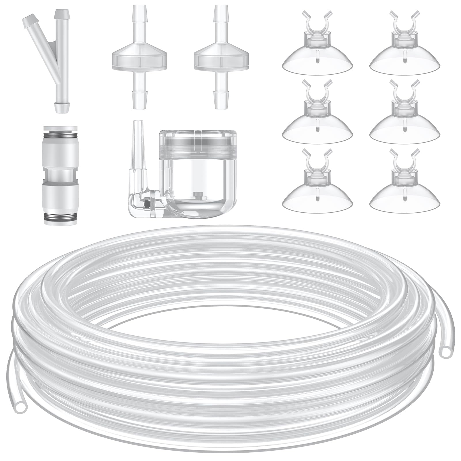 Pawfly 16 ft. Aquarium CO2 Proof Tubing with CO2 Diffuser, Standard 3/16" Airline Tubing for Aquarium CO2 System, Clear Kink-Resistant Air Tubing with Suction Cups and Connectors