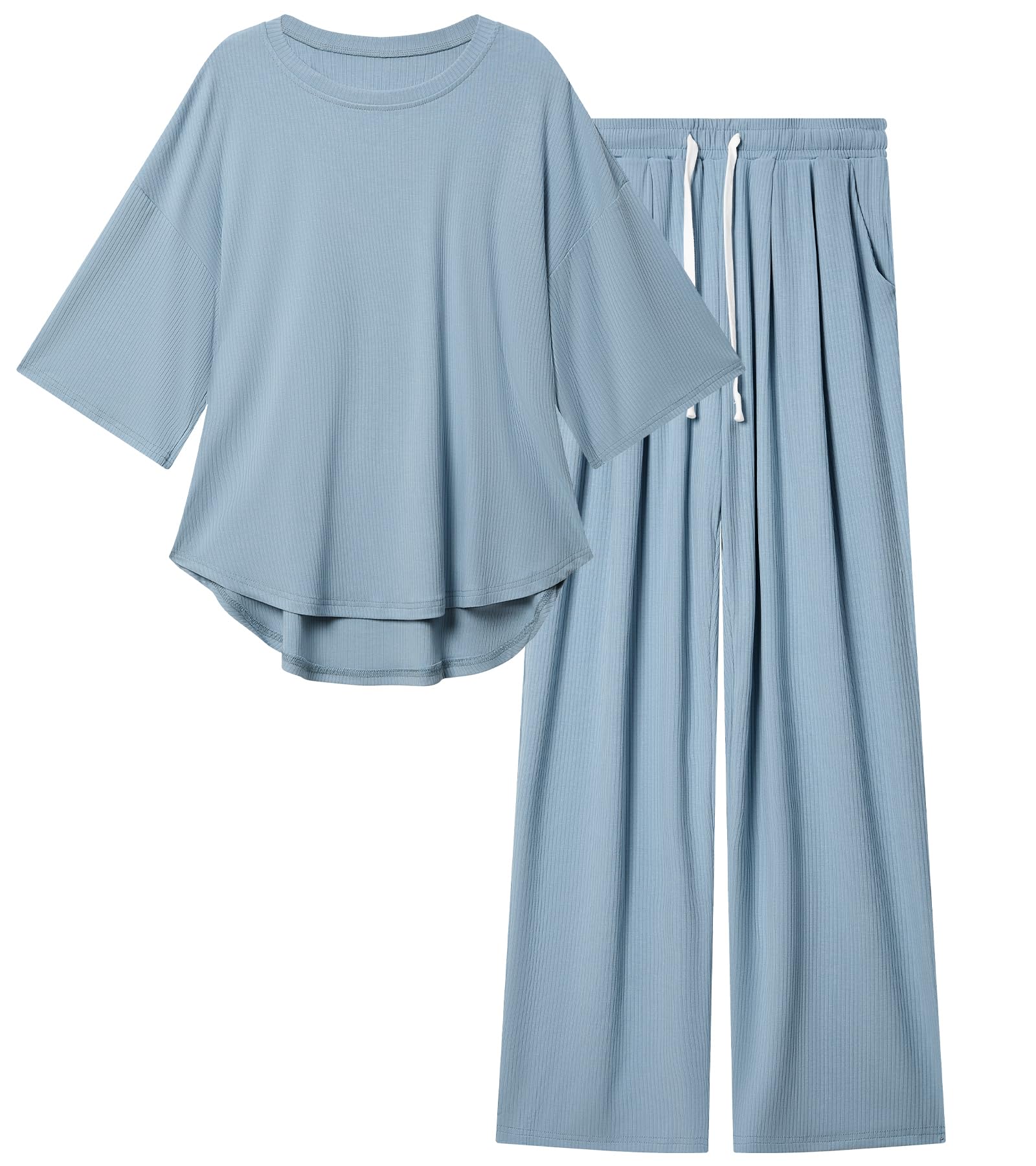 difficort Womens 2 Piece Outfits Batwing Short Sleeve Lounge Sets Wide Leg Sets Loungewear with Pockets