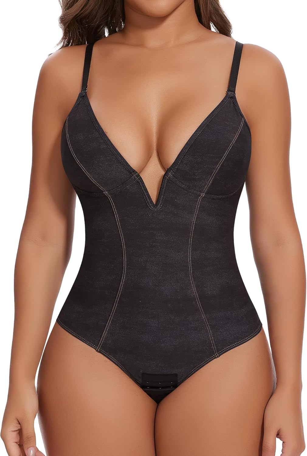 SHAPERIN Women's Deep V Neck Bodysuit Double Lined Plunge Tummy Control Shapewear Thong Body Suits Backless Cami Tank