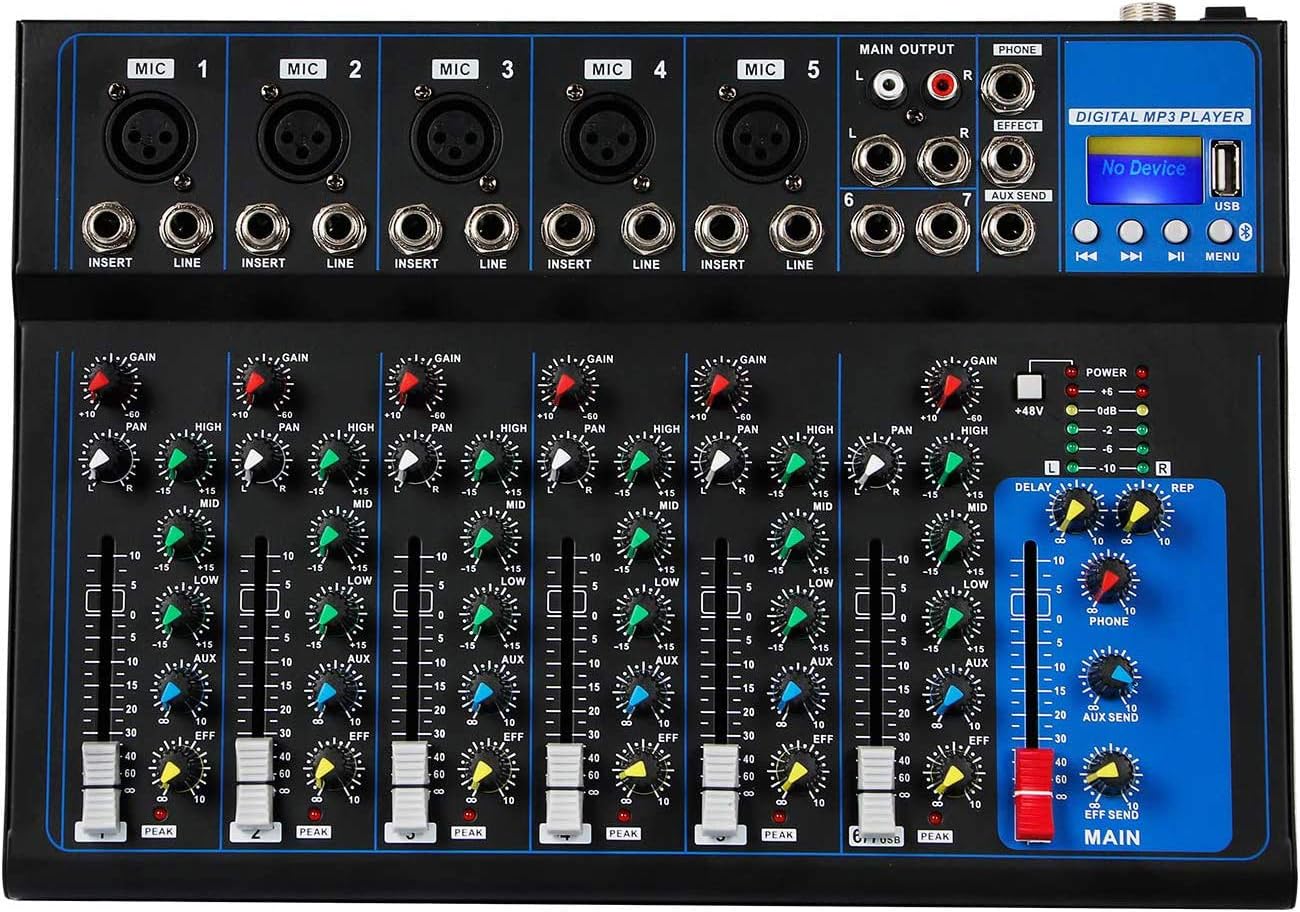 HT7 Bluetooth Portable Audio Mixer w/USB DJ Sound Mixing Console MP3 Jack 48V Power for Computer Recording, 7-Channel Bands Mixing Boards For Studio Recording