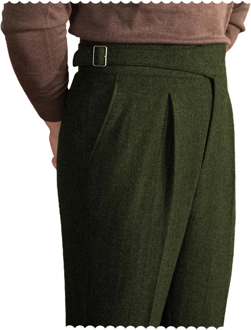 Men Trousers Vintage Tweed Blend Pants Herringbone Slim Fit Pleat-Front Pant