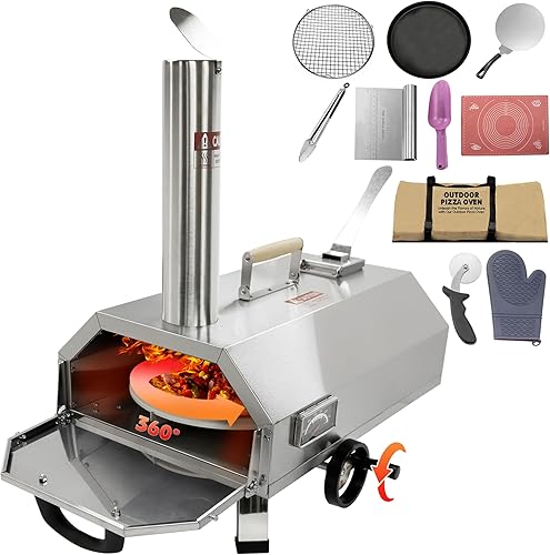 Horno de pizza portátil de acero inoxidable de 12 pulgadas, con rotación manual, apto para campamento, patio trasero, color plateado
