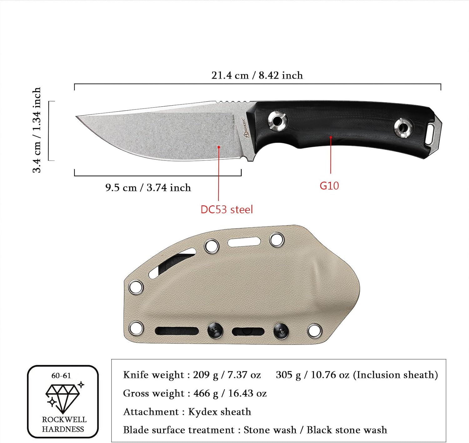 Knives Tactical Fixed Blade Knife Survival Knife with Sheath Made of DC53 Steel Perfect EDC Hunting Knife with G10 Handle for Men EDC Camping Outdoor (White+Black)