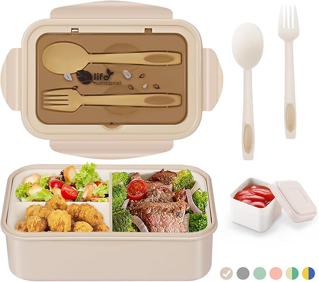 LUZOON pudełko na lunch, Bento Box, śniadaniówka dla dorosłych, 1400 ml, z 3 przegródkami, w zestawie Pudełko ze sztućcami, do kuchenki mikrofalowej i zmywarki, do szkoły, pracy, na piknik, podróż,