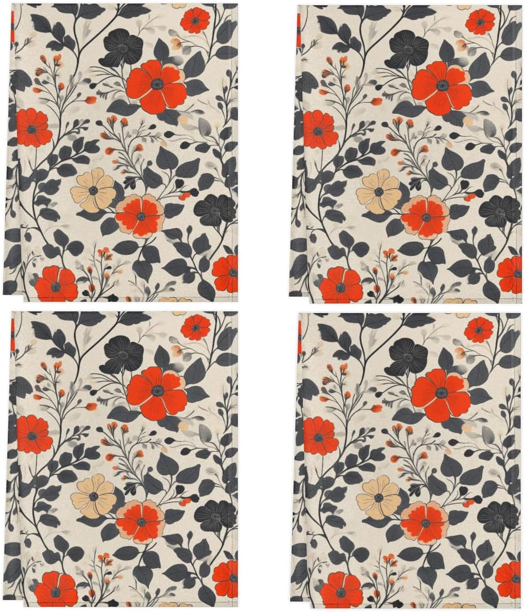 Vintage Poppies Kitchen Towels Set of 4 Flower Leaves Dish Towels Bar Absorbent Cleaning Tea Towel for Home Dining Restaurants