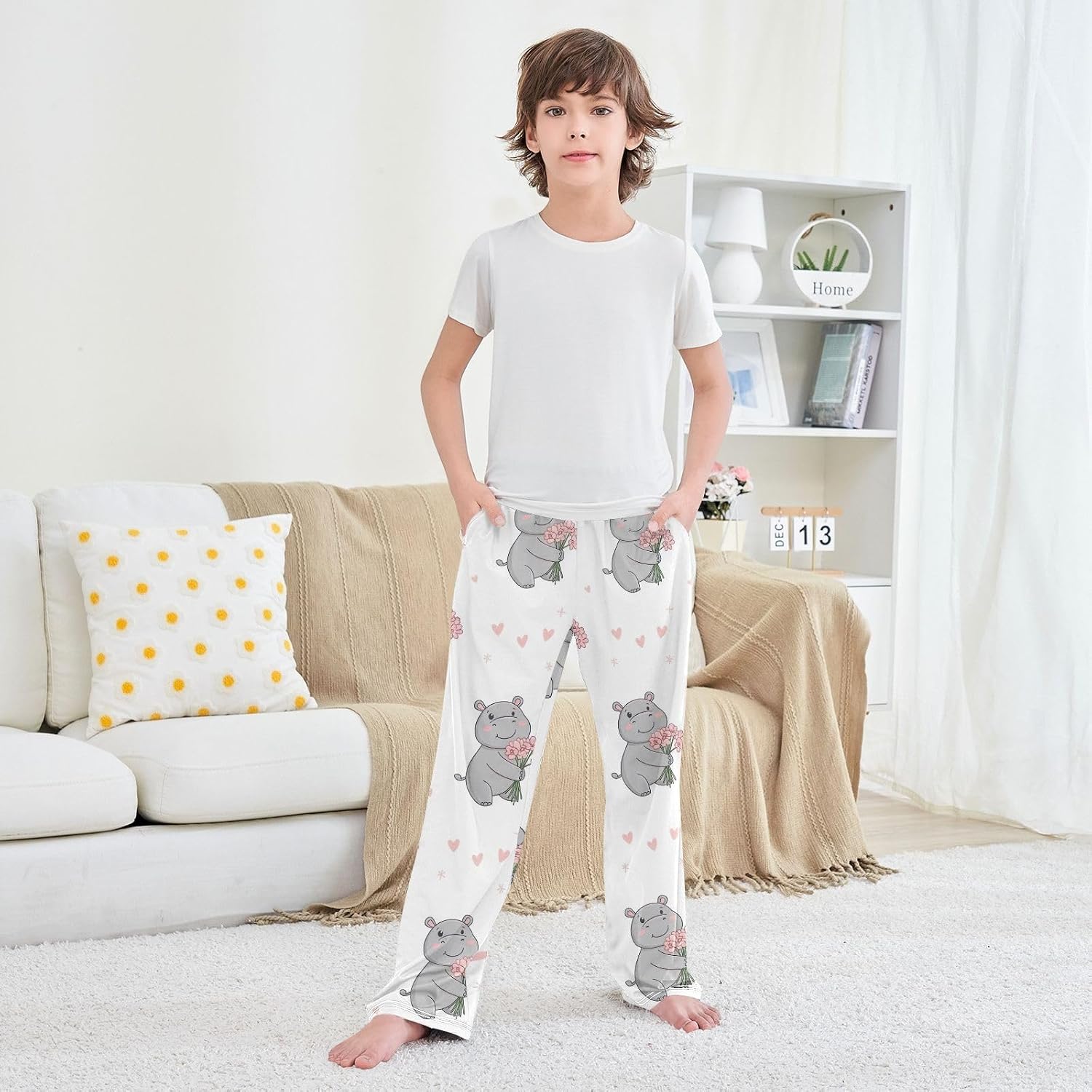Cute Cartoon Hippo White Pajama Pants, Soft Modal Lounge Bottoms with Elastic Waist and Pockets