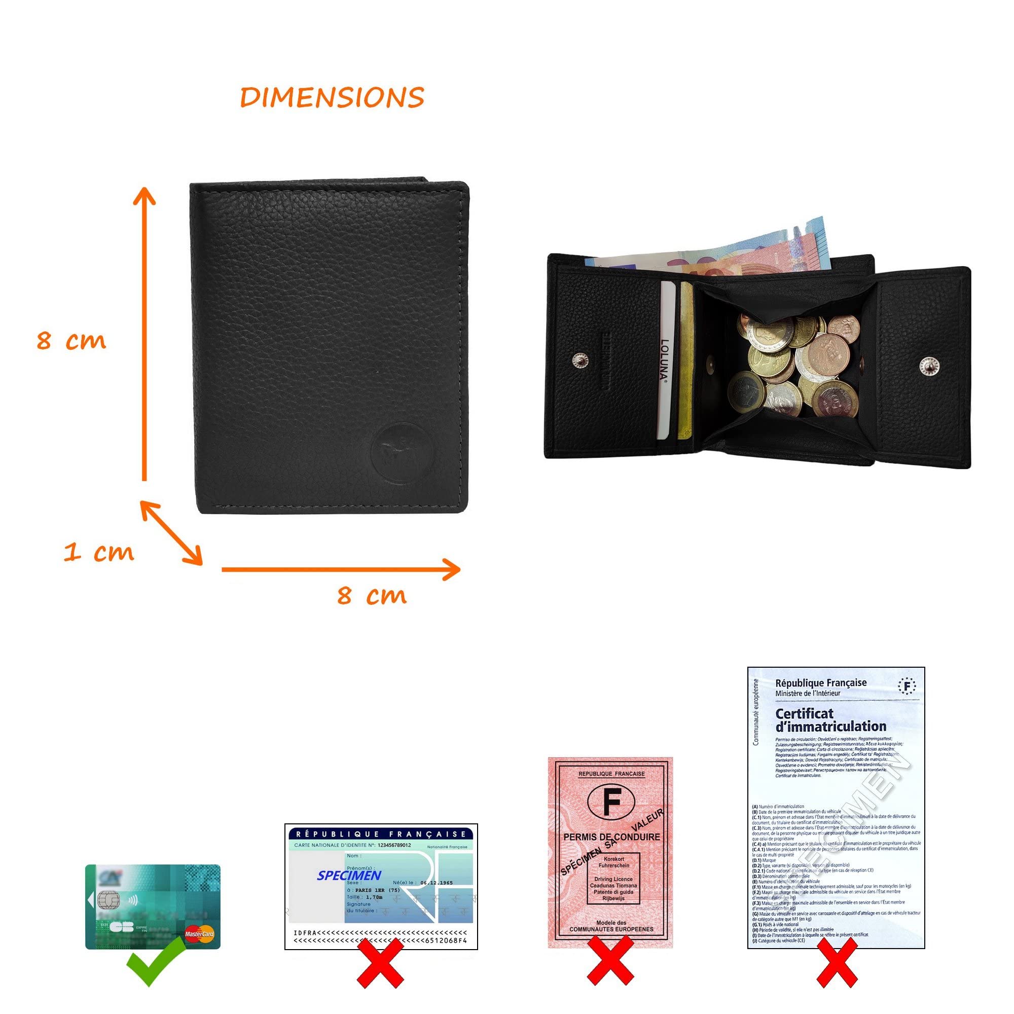 LOLUNA® Porte Monnaie Cuir véritable Compact et spacieux pour pièces, Billets et 2 Cartes bancaire, Homme et Femme Existe en Plusieurs Couleur (Noir)