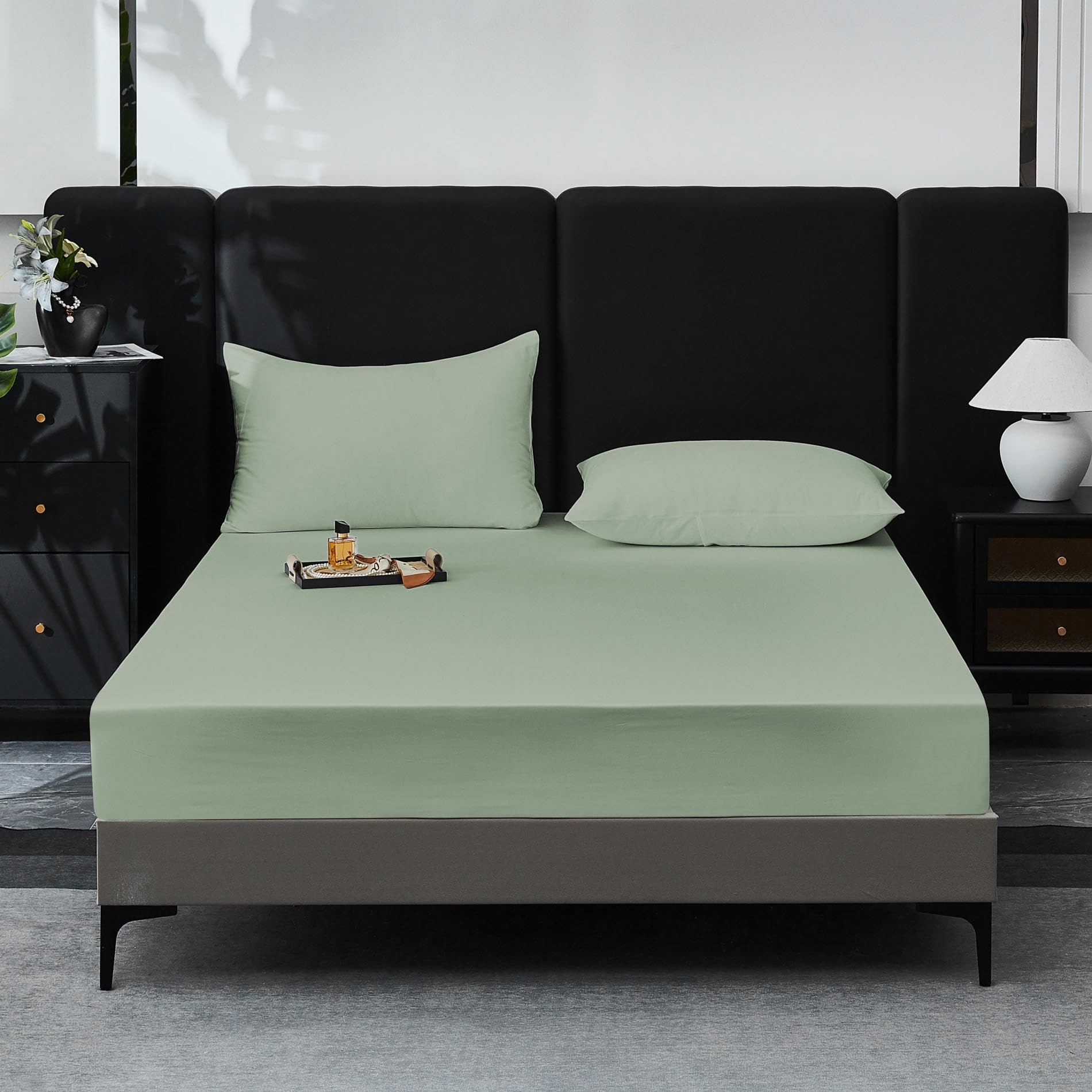 Spannbettlaken 180x200cm Baumwolle Satin Salbeigrün Bettlaken 180x200 100% Langstapelige Baumwolle Kühlend Weich Atmungsaktiv Mako Satin Spannbettlaken Boxspringbett Geeignet für 30cm Matratze