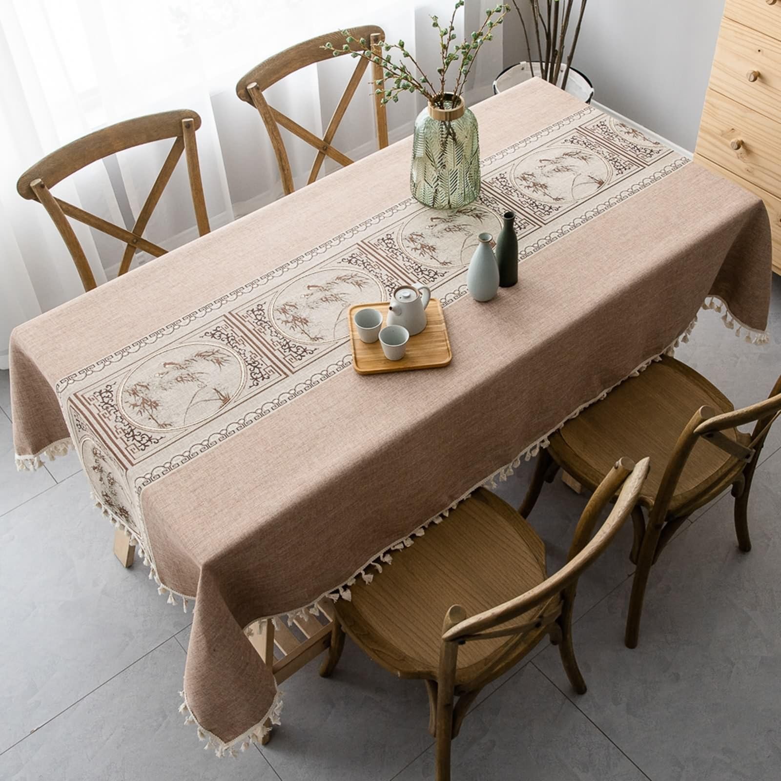 Mantel de Mesa Rectangular, 140x200cm, Marrón, Mantel de Poliéster Estilo Chino, Lavable