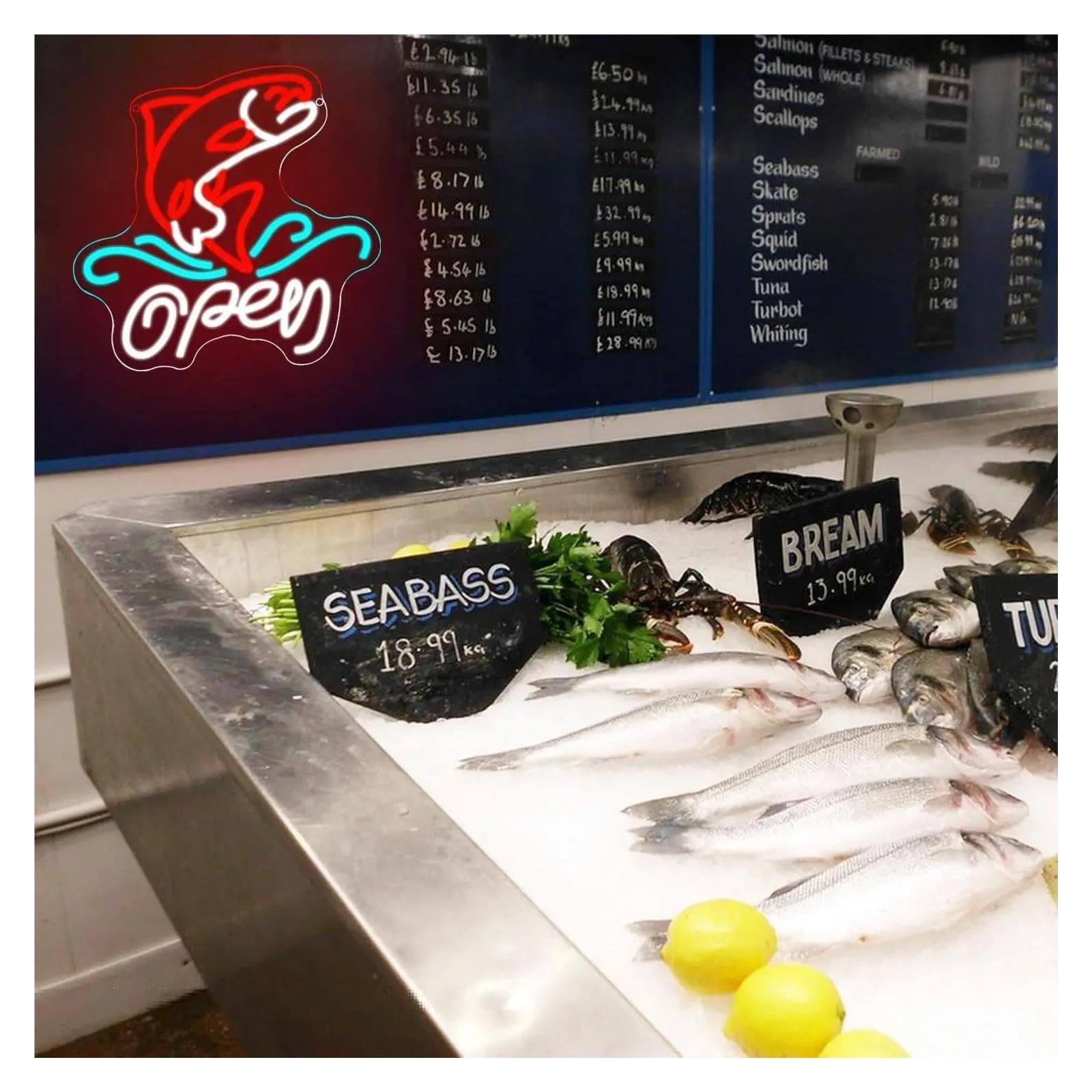 Insegna al Neon Insegna Al Neon Aperta Del Pesce