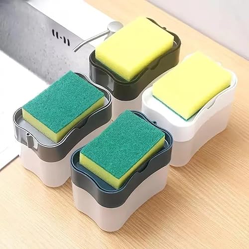 Miniatura 5 de Dispensador de jabón para platos de cocina y soporte de esponja. Dispensador de jabón para lavar platos con un empuje suave de 13 onzas (esponja