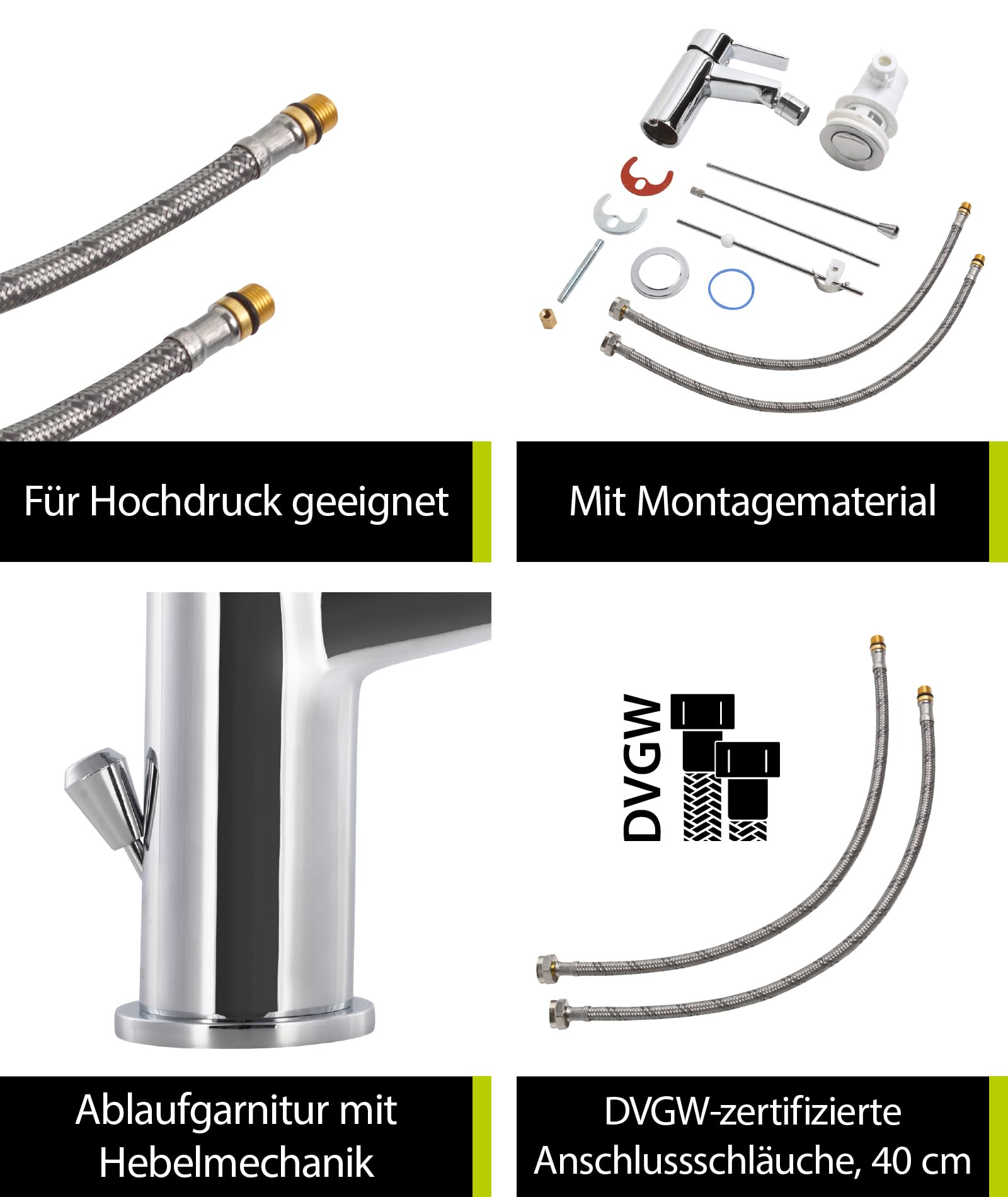 aquaSu® Bidet-Armatur Onoa, mit Excentergarnitur, Wasserhahn Bidet, leichtgängige Keramikkartusche, Standard-Montage, Messingkern, verchromt, 799119