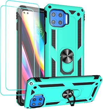 Androgate Compatible with Moto One 5G Case - Motorola One 5G UW Case with Tempered Glass Screen Protectors, Military-Grade Metal Ring Kickstand 20ft Drop Tested Shockproof Cover, Green