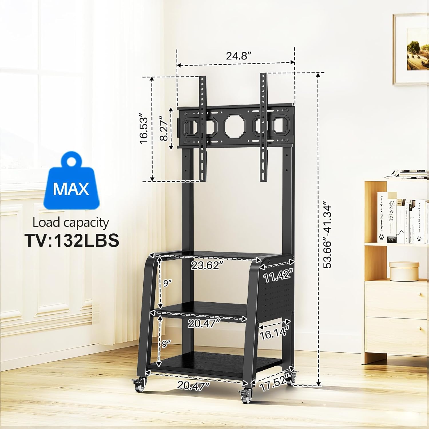 Wooden Base Rolling TV Stand for 32-75 inch TVs up to 132 lbs, Mobile TV Stand with 3-Tier Storage Shelf & Pegboard, Height Adjustable Heavy Duty TV Cart, Max VESA 600x400mm