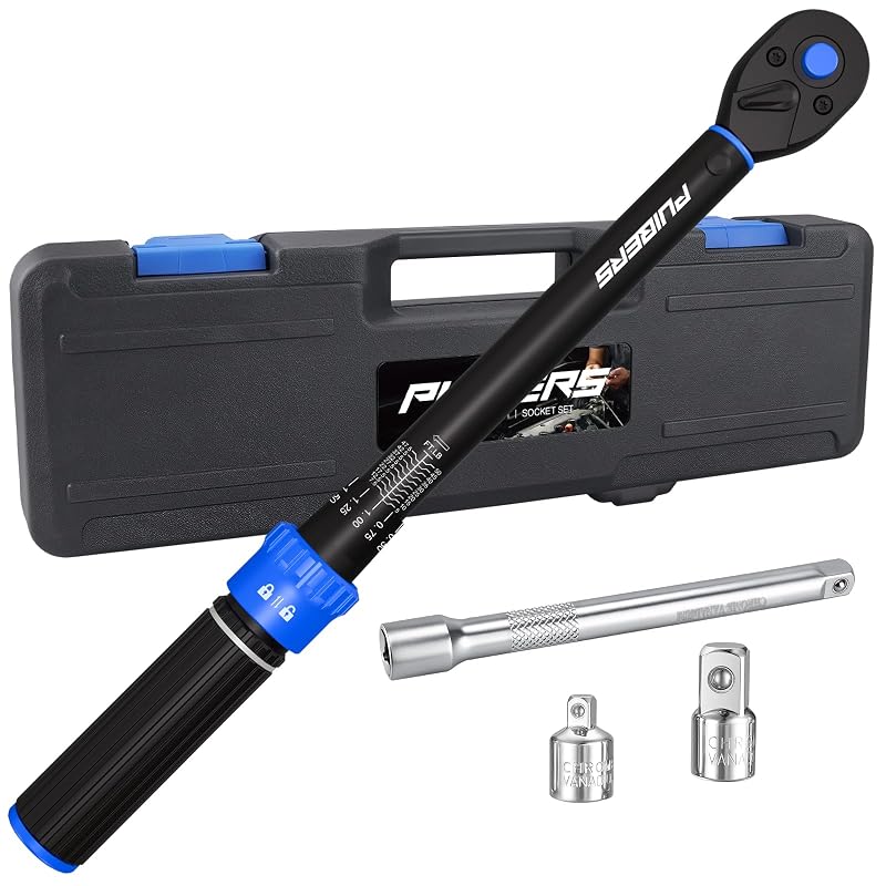 Kit de Chave de Torque PUIBERS 3/8 pol. de 6,8 a 67,8 N·m com Catraca de 72 Dentes, Barra de Extensão de 15,2 cm e Adaptadores – 5 Peças