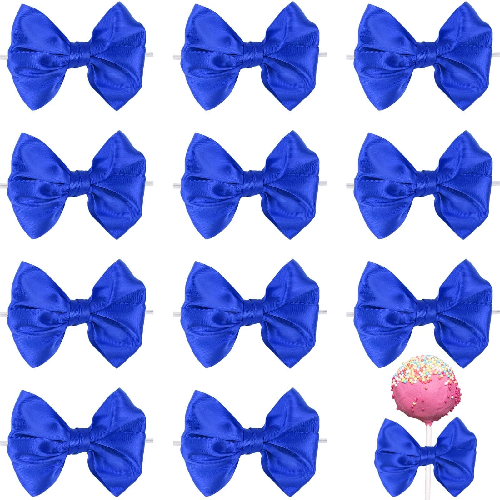 NUVCELKA 12 Pcs Blue Satin Ribbon Bows for Gift Wrapping Treat Bags Cupcake Decorating Premade Twist Tie Bow Birthday Party Favors Boy Celebration