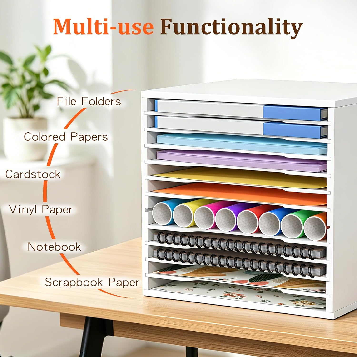 SANFURNEY Scrapbook Paper Organizer for Sizes 12" x 12", 12 Tier Desk File Organizer with Adjustable Shelves, Stackable Scrapbook Paper Storage Cube for Home Office Classroom Paper Rack