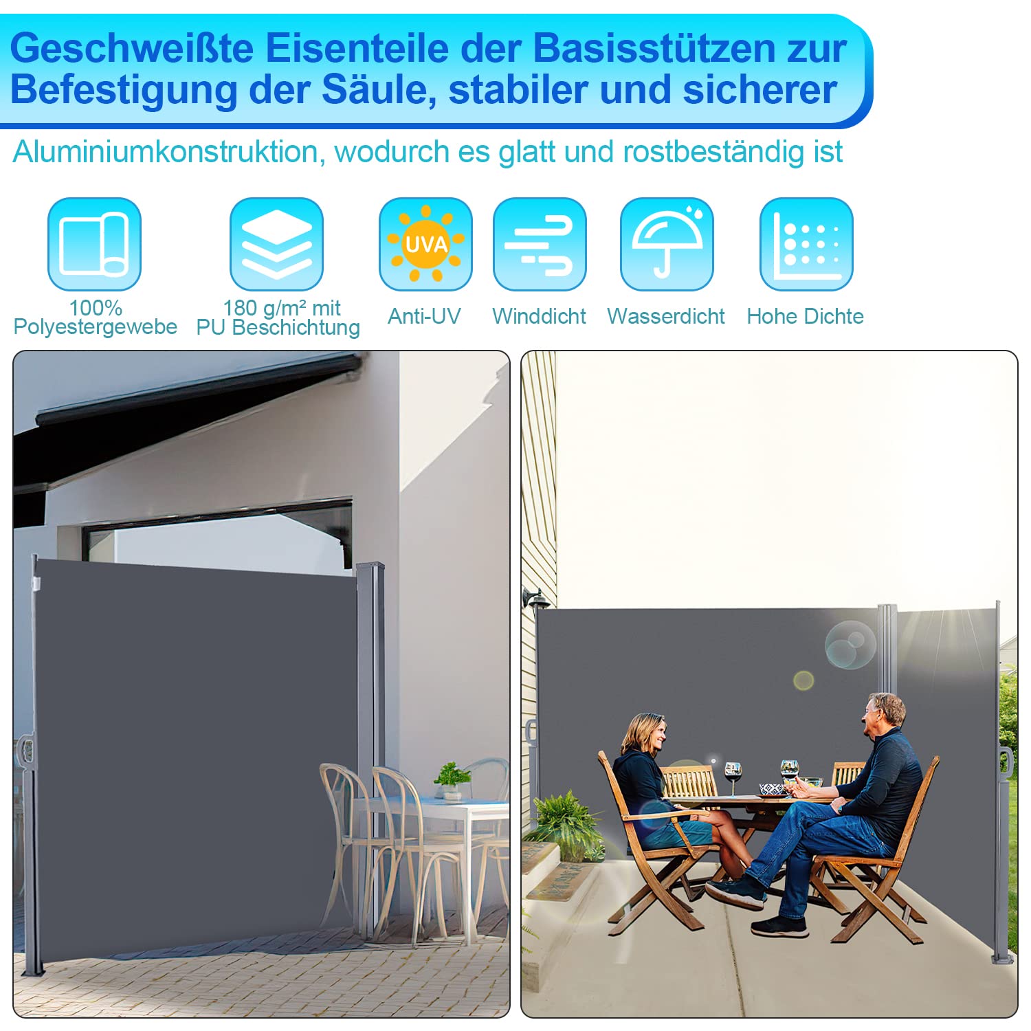 Herrselsam Store latéral Double, 160x600cm Extractible Brise-Vue Pare-Soleil, Protection Solaire, Brise-Vent, Vertical pour Jardin, Balcon, Terrasse, Gris
