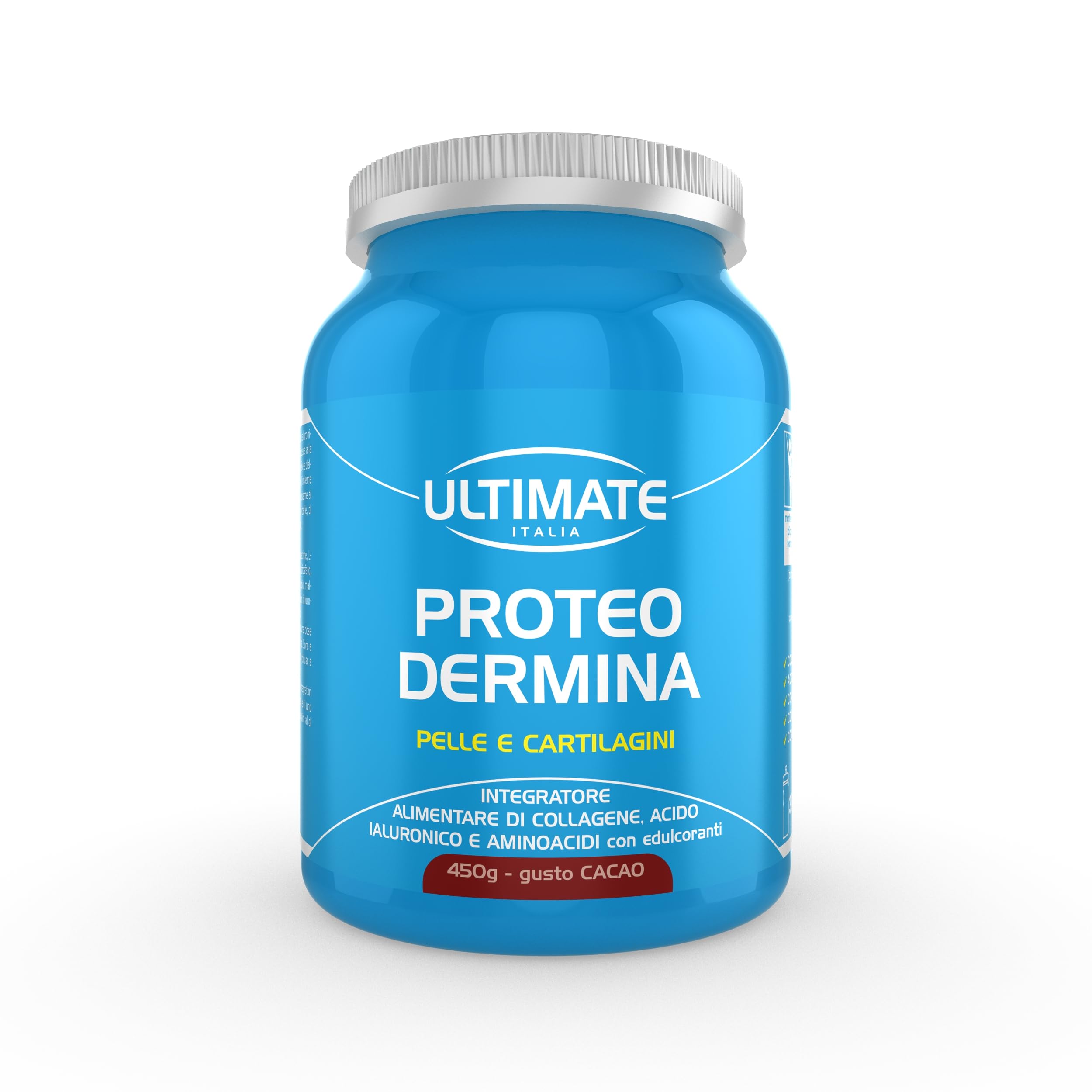 Ultimate Italia - Proteo Dermina - 450g - gusto cacao - Integratore di collagene e acido ialuronico per mantenere la pelle giovane e supportare cartilagini, legamenti e tendini