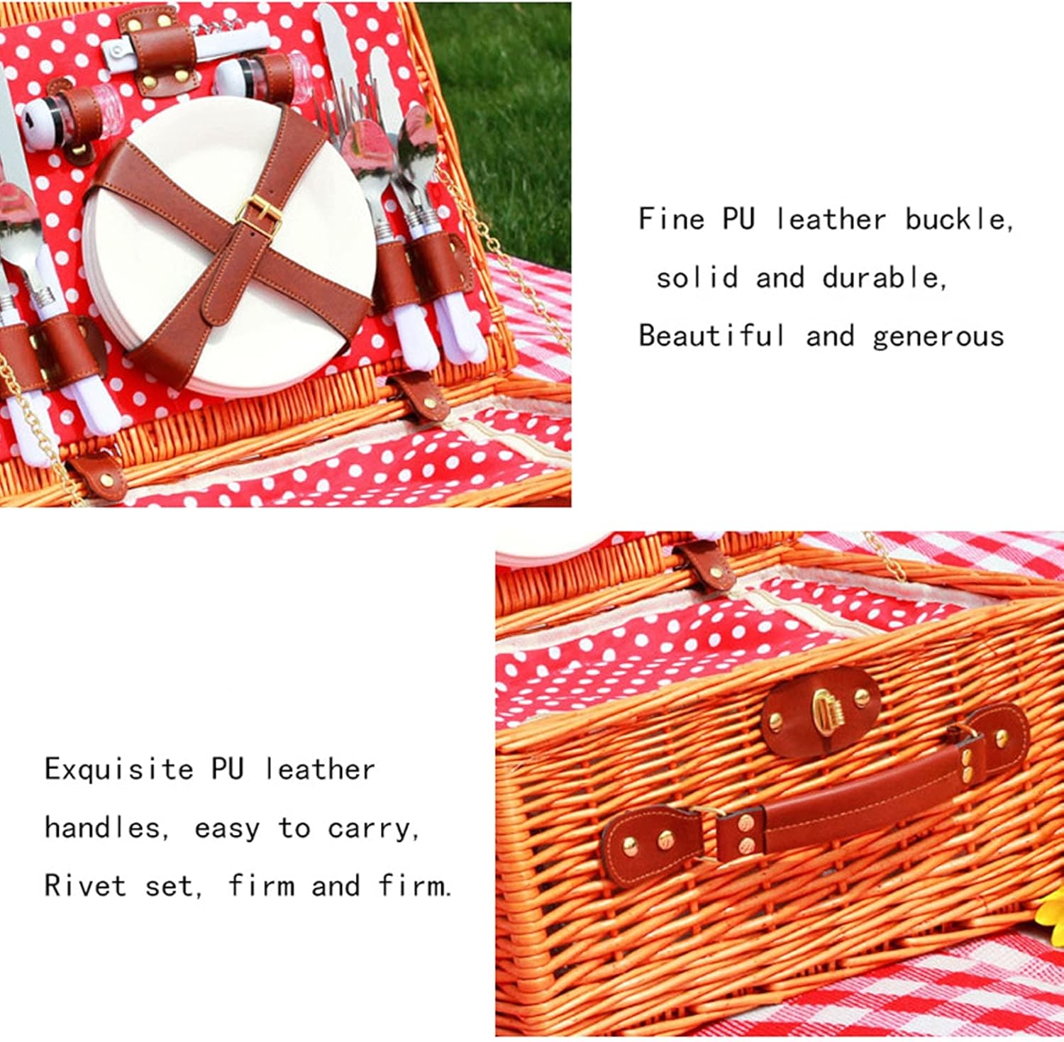 Wicker Picnic Basket Durable Picnic Hamper Set Outdoor Picnic Accessories with Cooler Compartment and Cutlery Does Not Include Knives for Outdoor Picnics