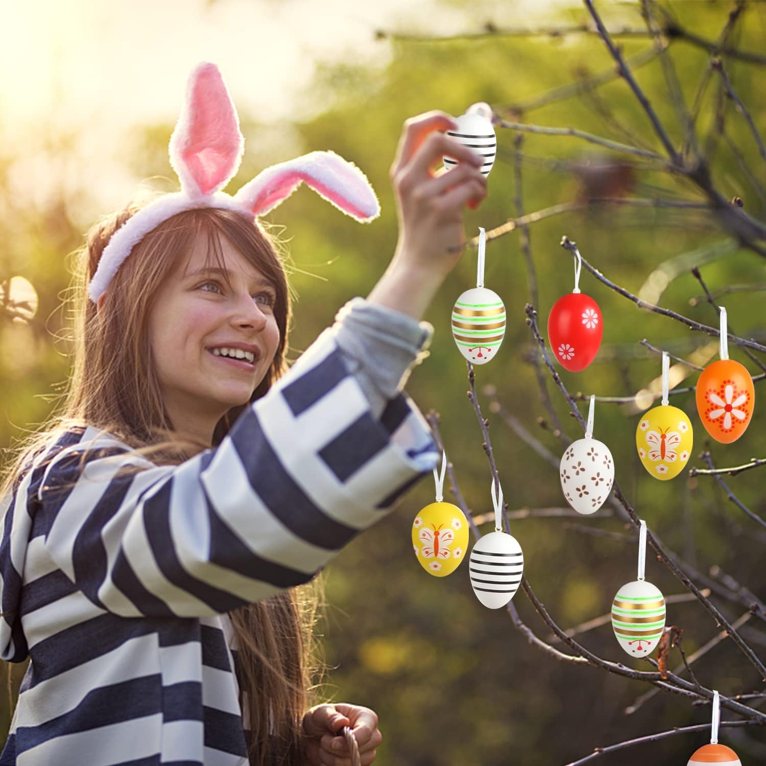 CCINEE 24Pcs Easter Hanging Eggs, Assorted Plastic Colorful 2.36" Hanging Egg Ornaments Decorative Painted Eggs Decor for Easter Party Decoration