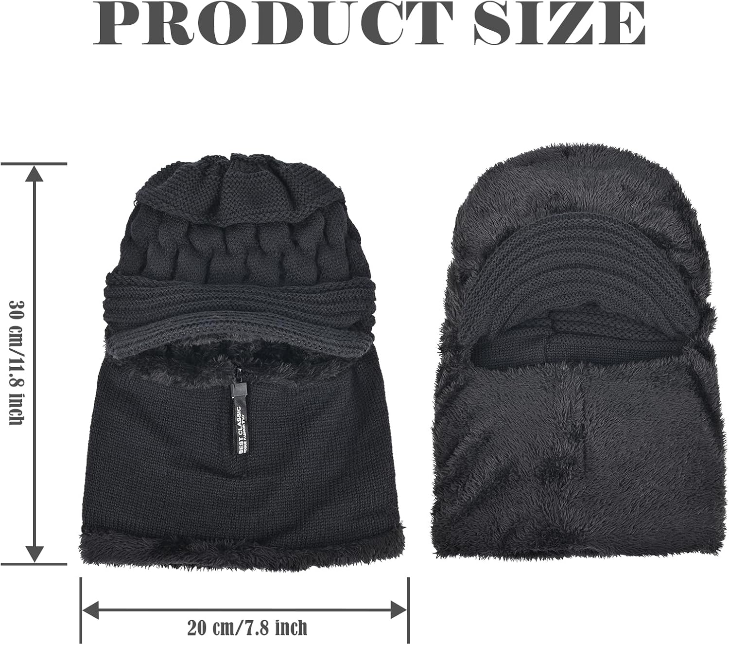 Fleece Lined Beanie Hat, Elastic Soft Ear Protection Knitted Mask Hat with Zipper, Face Neck Warmer Set for Women - Image 2