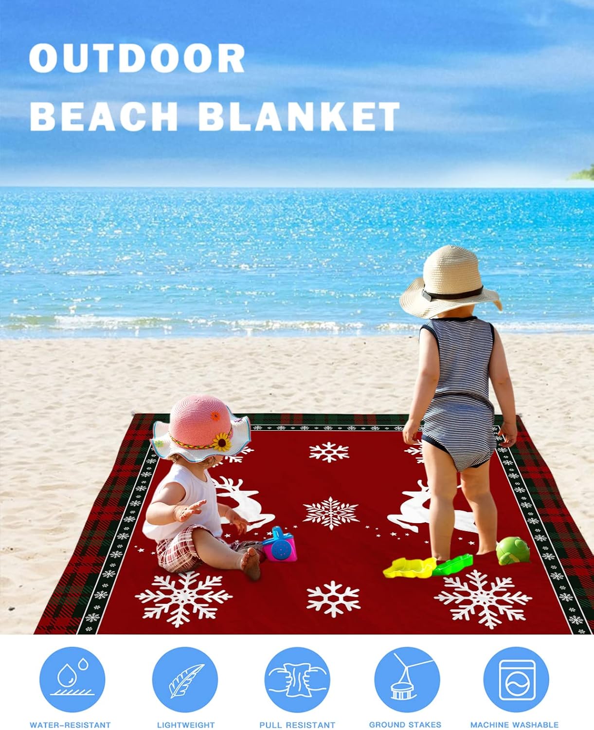 Vintage Christmas White Elk with Snowflake Beach Blanket Waterproof Sandproof Outdoor Picnic Mat 83"x79" Tartan Grid Lightweight Large Beaach Blankets with 4 Stake & 4 Corner Pockets