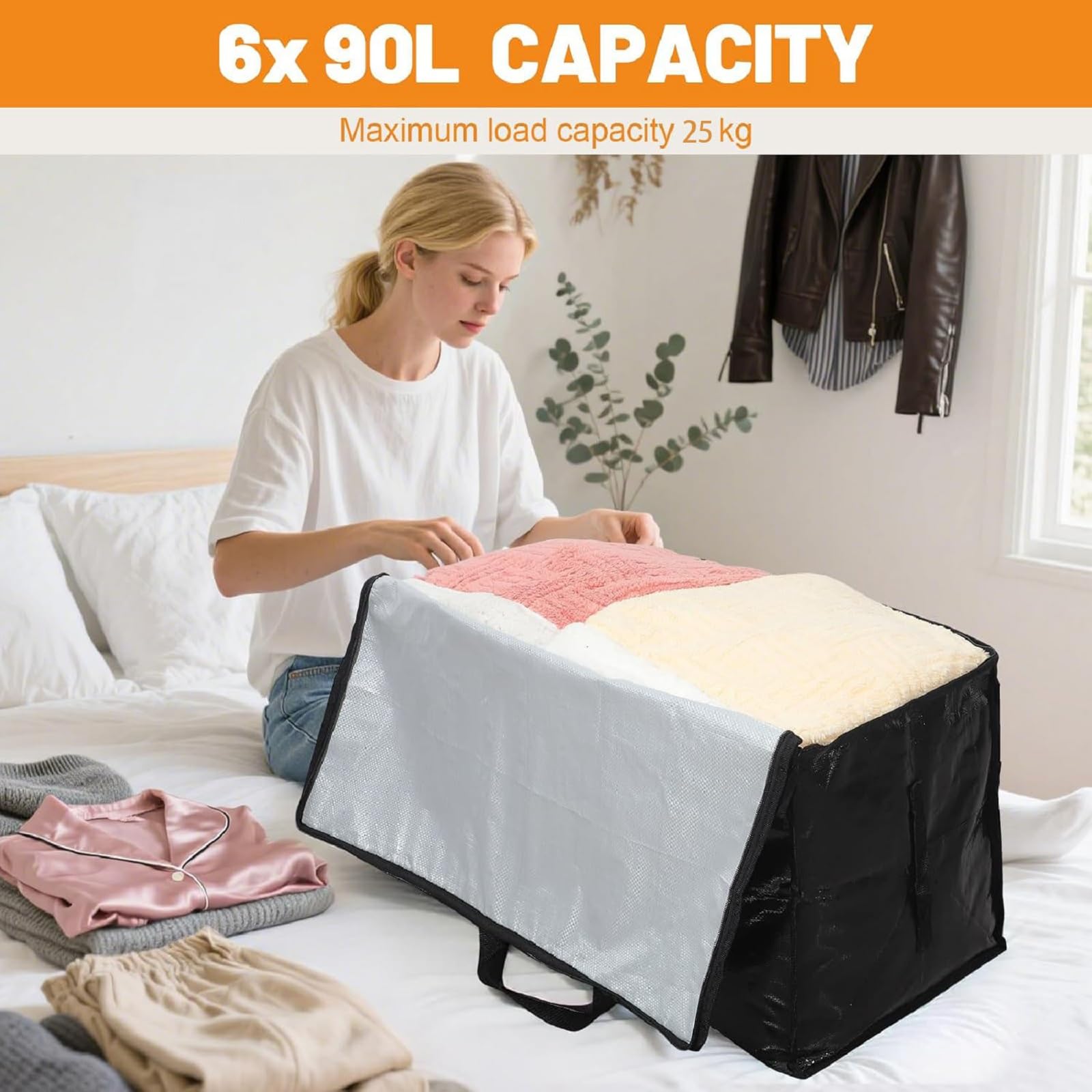 SUNNOW Lot de 6 grands sacs de déménagement imperméables de 90 L, sacs de rangement pour vêtements Noir