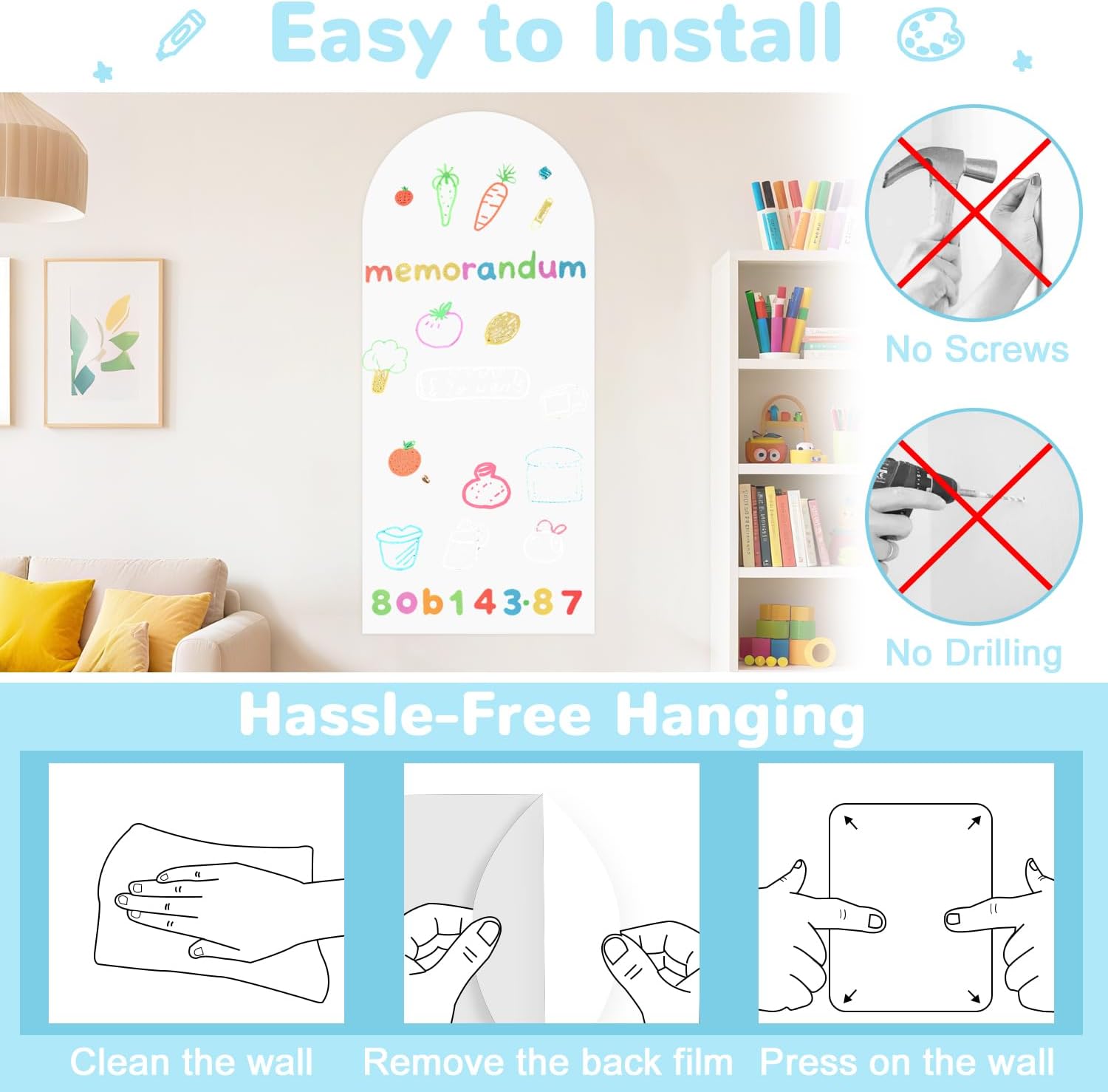 Magnetic Arch Wall Decal 39.3x17.5 Inches White Magnet Wall for Kids Self Adhesive Magnetic Chalkboard Decals Peel and Stick Magnet Decal Wall with Multiple Accessories for Playroom Home