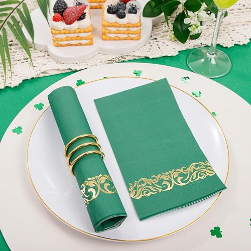 Miniatura 5 de WDF Paquete de 150 servilletas de papel desechables del día de San Patricio, servilletas verdes de 3 capas con borde dorado, servilletas desechables