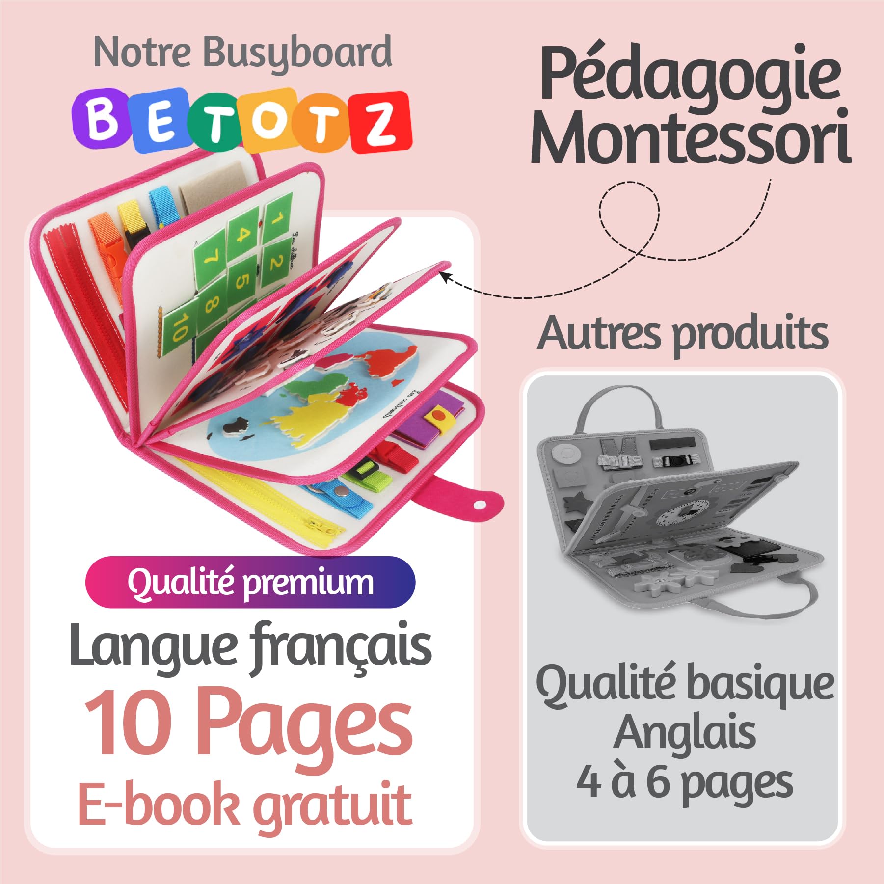 BusyBoard Montessori Français – Livre d’Activités Éducatif & Sensoriel – 2-6 Ans – 10 Pages Interactives – Montessori Authentique – Animaux, Formes, Lettres & Motricité (Rose)