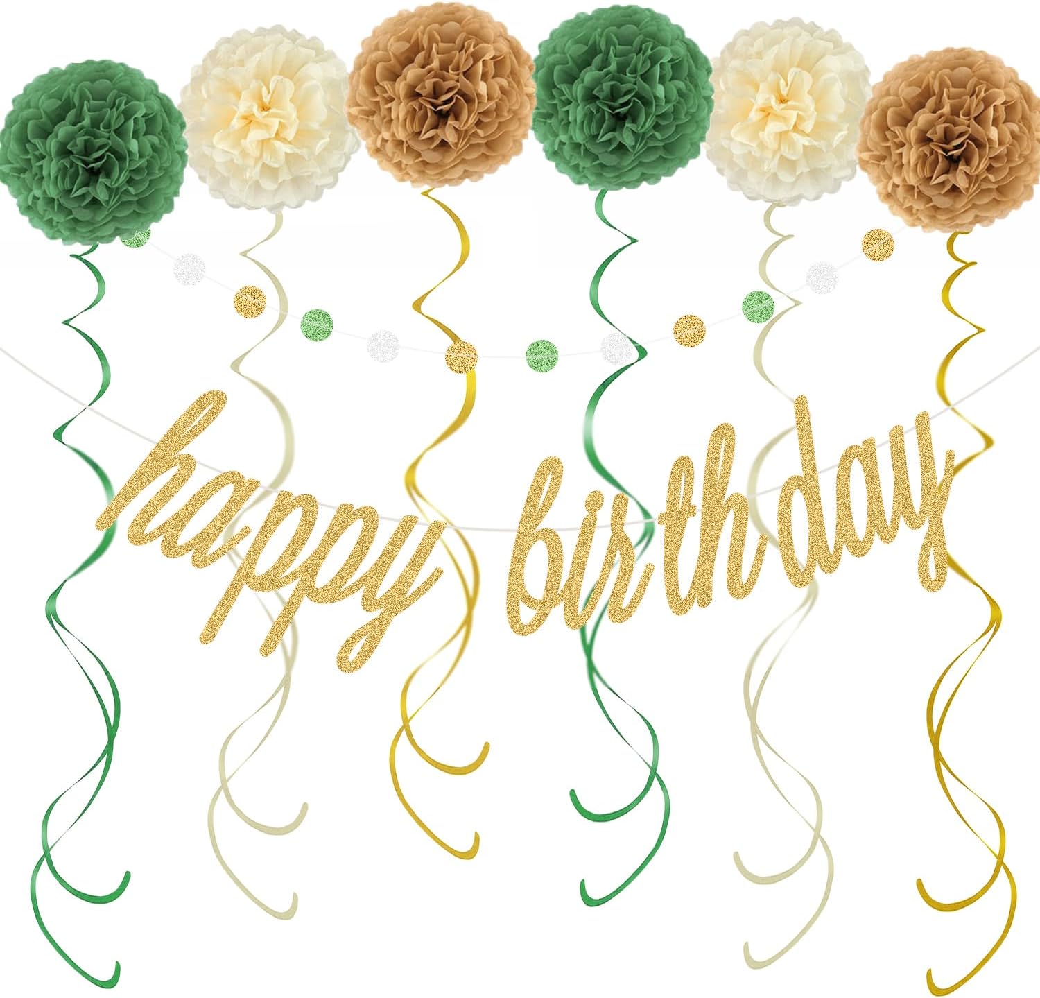 KOKAR Gold Sage Green Happy Birthday Decorations – Gold Happy Birthday Banner, Paper Pom Poms, Hanging Swirls and Glitter Circle Dots Garland for Birthday Party Decorations