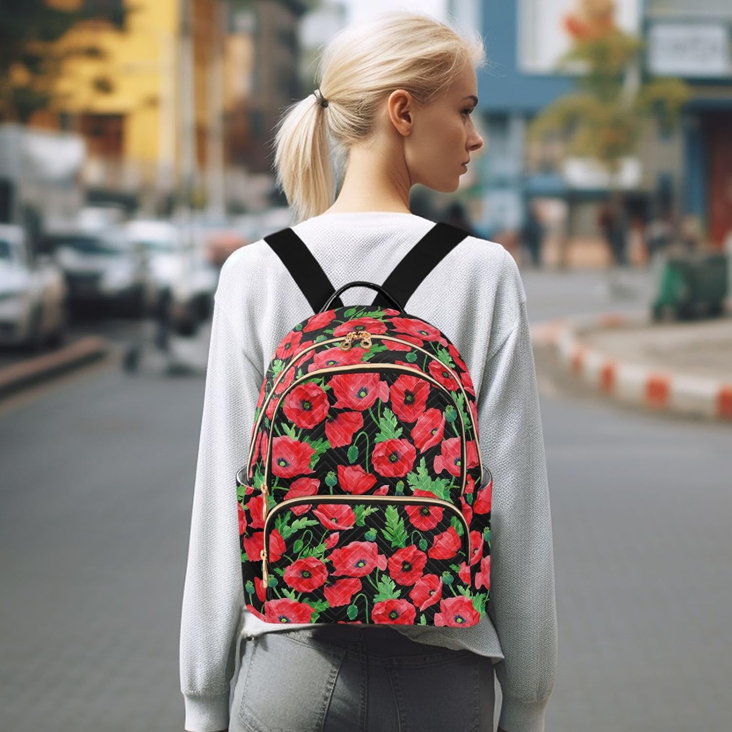 JIPONI Field Of Red Flowers Poppy Backpack Purse for Women Lightweight Back Pack Casual Daypack Travel Shoulder Bag Bookbag - S
