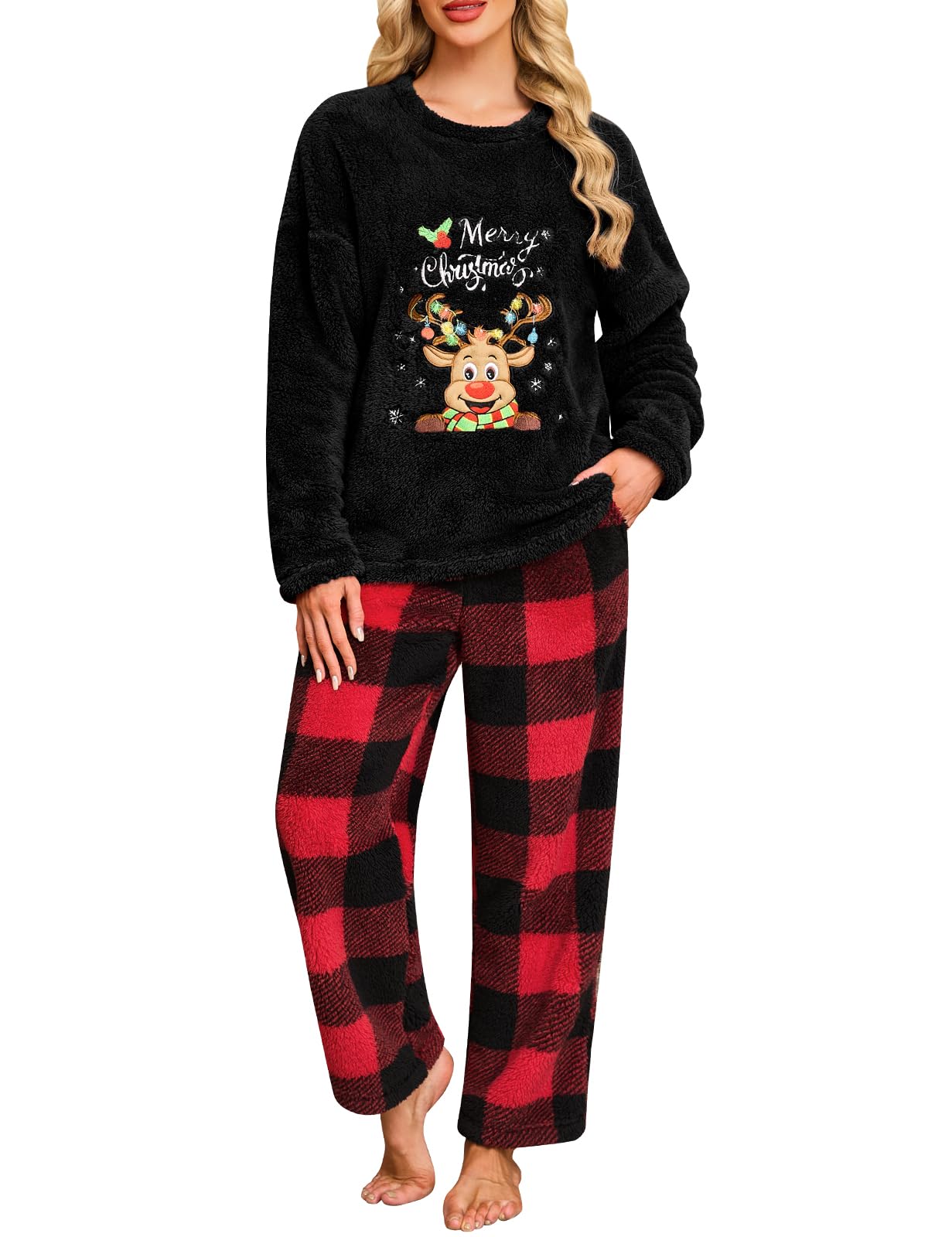 UMIPUBO Pigiama Donna Invernale Natalizio Pile Due Pezzi Caldo Natale Pigiami da Casa Felpato Set Tasche Elegante Manica Lunga e Pantalone Lungo Indumenti da Notte Loungewear Regalo Regali