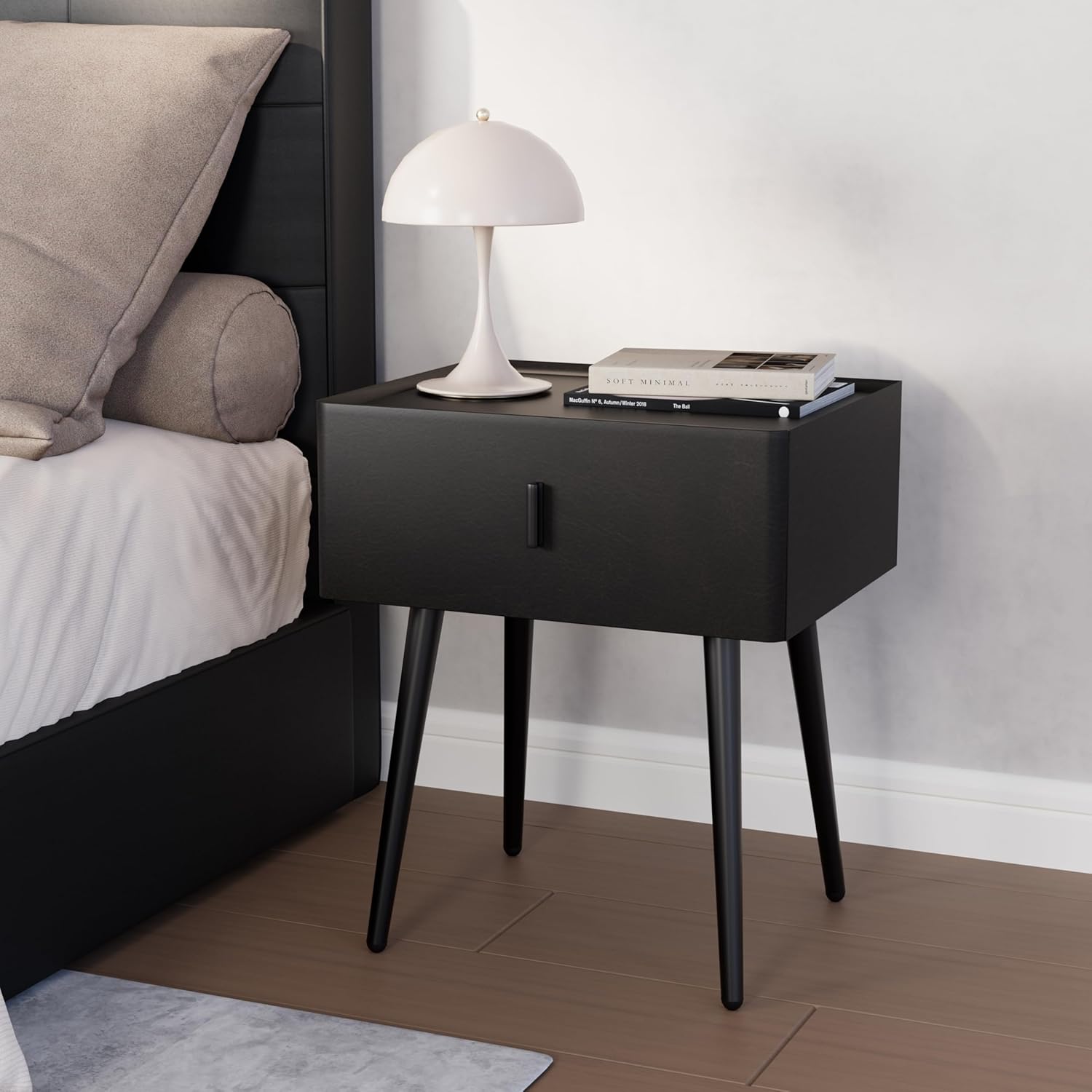Nightstand Set of 2 with Single Drawer,Leather Side Table,Modern Bedside Table with Metal Legs for Bedroom,Small Accent End Table,Black
