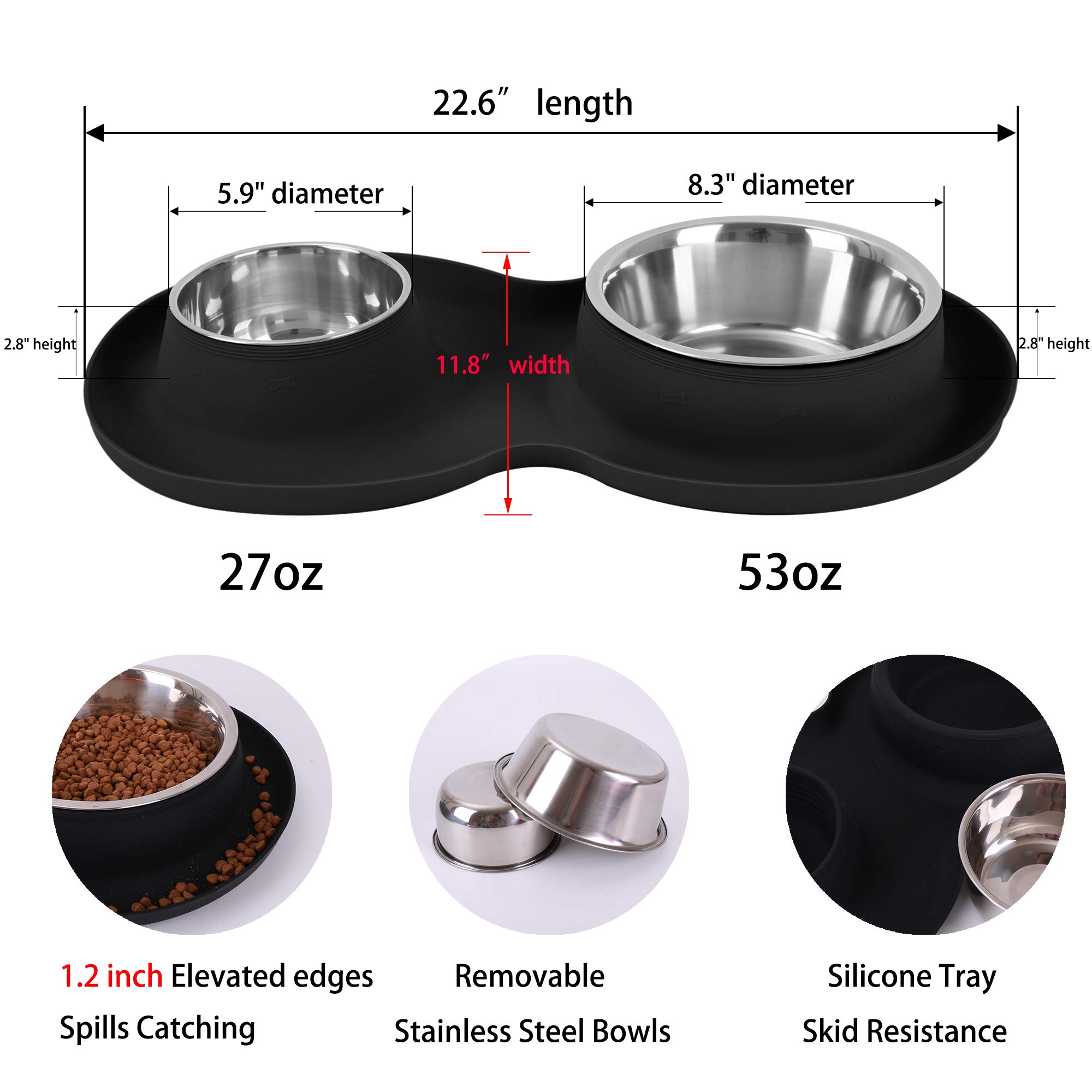 Cuencos para perros 100 % impermeables sin BPA, 2 de acero inoxidable (53 onzas + 27 onzas) con alfombrilla de silicona de borde elevado de 1.35 pulgadas + cuencos de agua y comida para perros