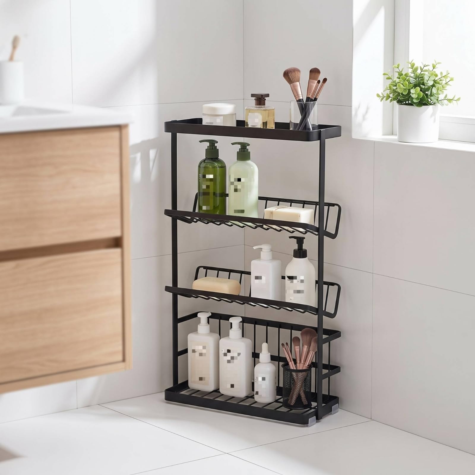 Mensola Bagno Scaffale Ripiano Portasapone Portautensili con Design Aperto a 3 Ripiani Inclinati Finitura Antiruggine Struttura da Pavimento Adatta per Bagno Casa Vacanza Pensione, Nero