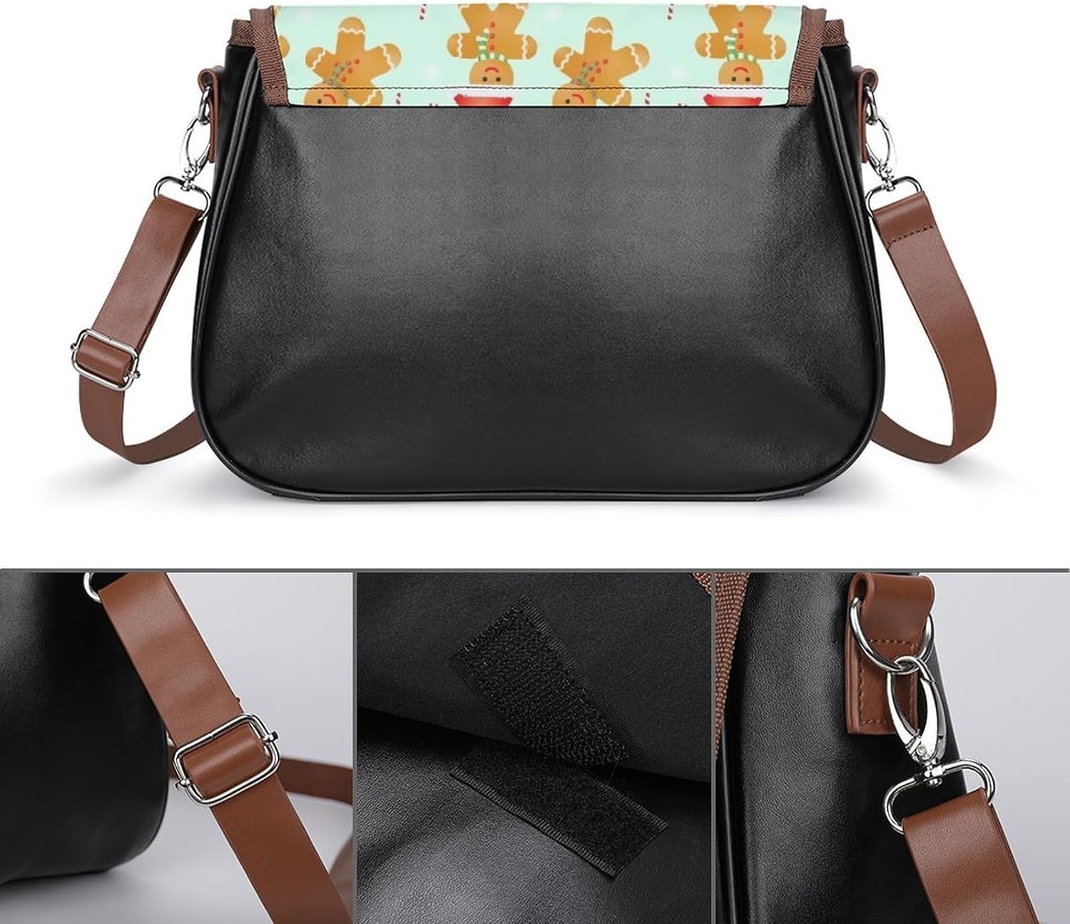 Gingerbread Men PatternWomen's Faux Leather Crossbody Bag, Waterproof Wrinkle-Resistant Shoulder Bag with Detachable Strap, Large Capacity Casual Handbag, Fashion Daily Purse for Shopping Work Dating,
