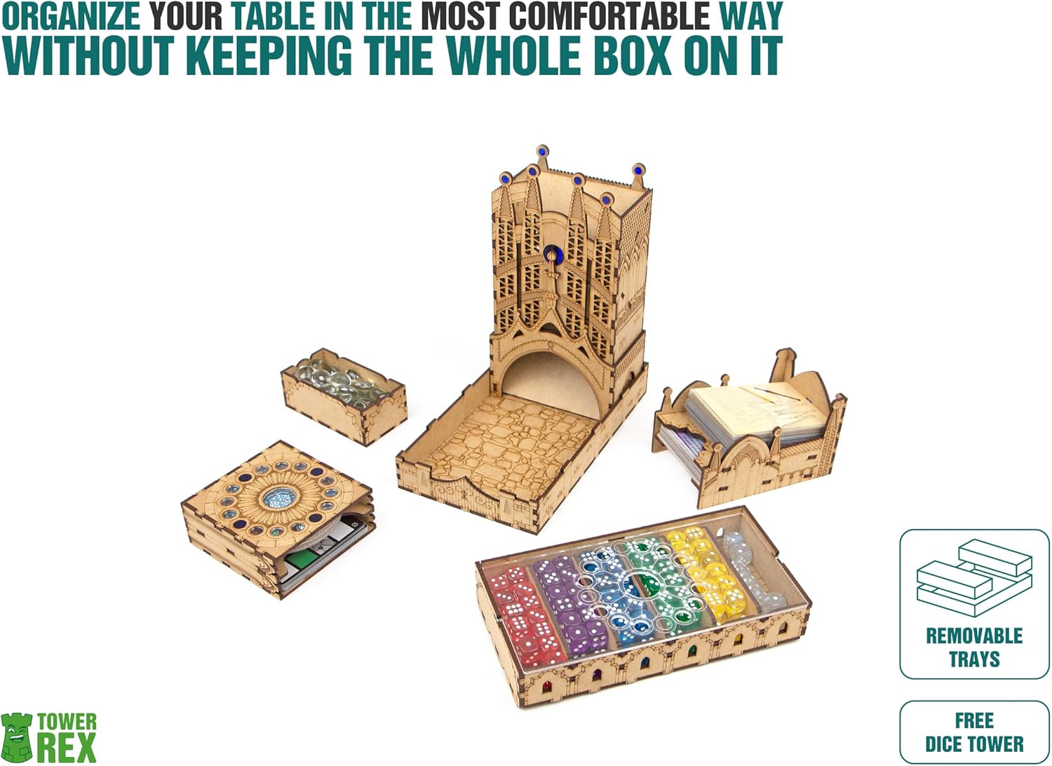 TowerRex Organizer for Sagrada and Sagrada Expansions 5-6 Player, Passion with Dice Tower, Board Game Insert, Token Tray, Card Holder